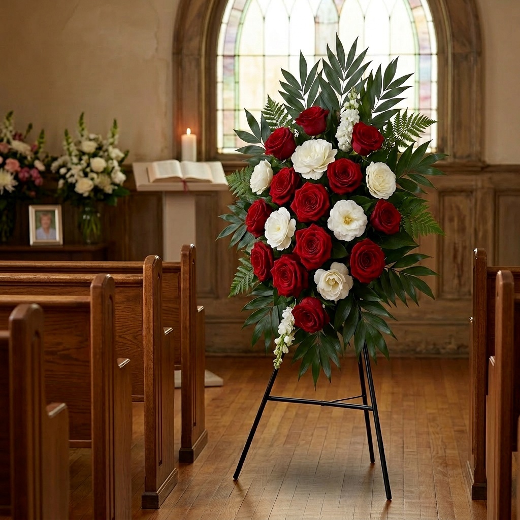 Grand Couture Funeral Easel Spray in a styled setting